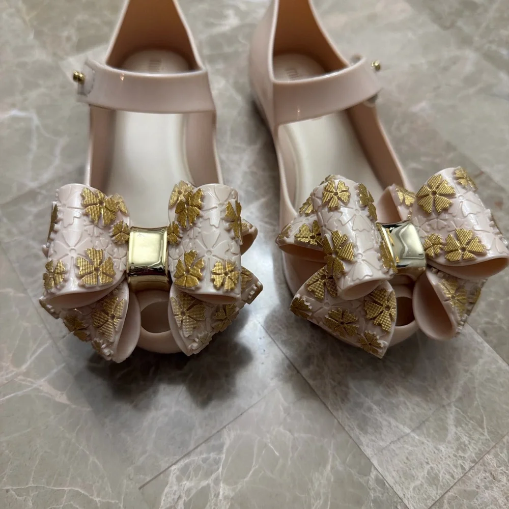 Mini Melissa Cream Pink Bow Jelly Mary Jane Shoes with Gold Accent - Picture 3 of 3